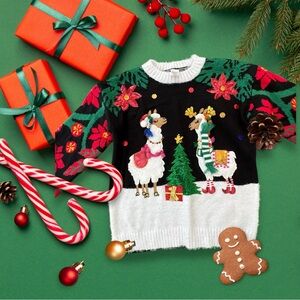Festive Llama Christmas Sweater - Black, Green, Red, White